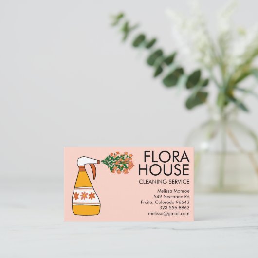 Floral House Cleaning Service Spray Bottle Retro Visitekaartje (Staand voorkant)