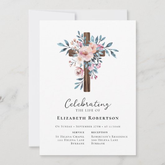 Floral houten kruis begrafenis kaart (Voorkant)