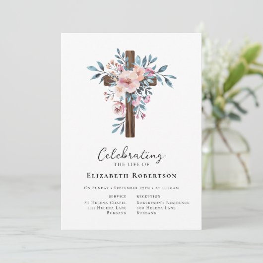 Floral houten kruis begrafenis kaart (Staand voorkant)