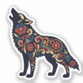  Floral Howling Wolf - Dark Blue Ornamental Folk A Sticker (Voorkant)