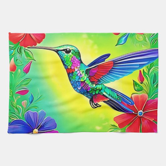Floral Hummingbird Art Design Theedoek (Horizontaal)