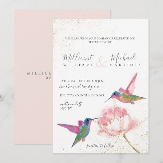 Floral Hummingbird Pink Gold Waterverf Weddenschap Kaart (Voorkant / Achterkant)