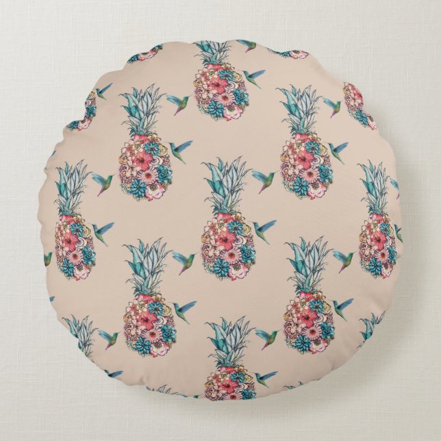 Floral Hummingbird Tropical Pineapples Cream Rond Kussen (Voorkant)