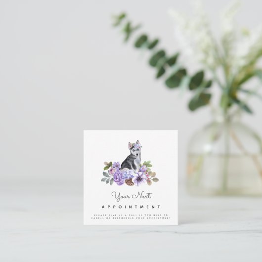 Floral Husky Puppy Cute Dog Appointinder Vierkante Visitekaartje (Staand voorkant)