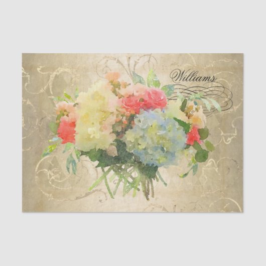 Floral Hydrangea Rozen Gold Monogram Naam Tissuepapier (Voorkant)