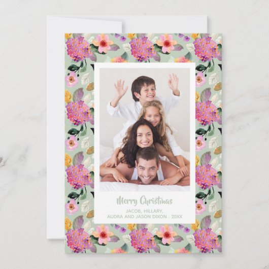 Floral Hydrangeas met kerstfoto Feestdagenkaart (Voorkant)