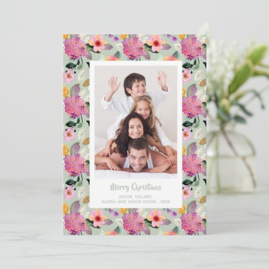Floral Hydrangeas met kerstfoto Feestdagenkaart (Staand voorkant)
