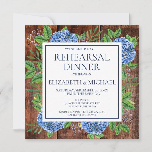 Floral Hydrangeas Rustic Wood Rehearsal Dinner Kaart (Voorkant)
