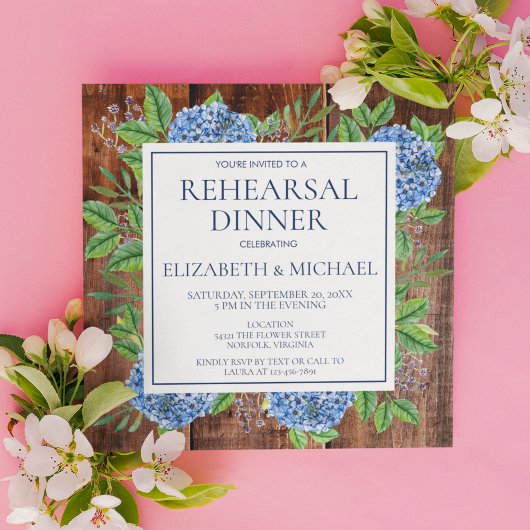 Floral Hydrangeas Rustic Wood Rehearsal Dinner Kaart