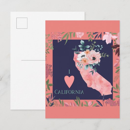  Floral I Love California State Map Briefkaart (Voorkant / Achterkant)