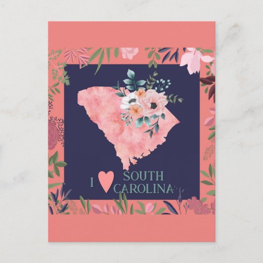  Floral I Love South Carolina State Map Briefkaart (Voorkant)