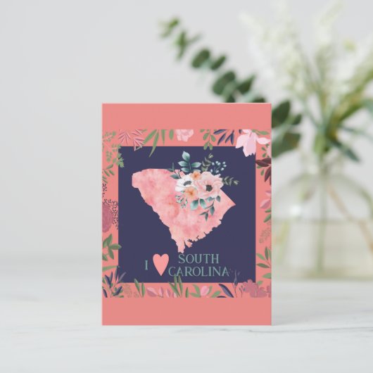  Floral I Love South Carolina State Map Briefkaart (Staand voorkant)