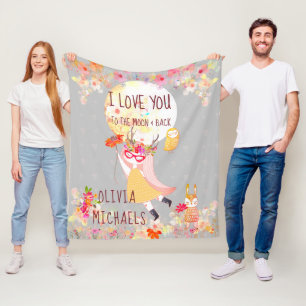 Floral "I Love You to moon & back"-Waterverf Fleece Deken
