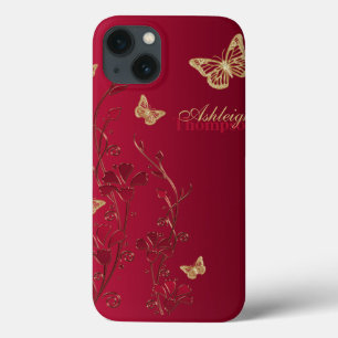 Floral i-pad draagtas met rode en gouden vlinder iPhone 13 hoesje