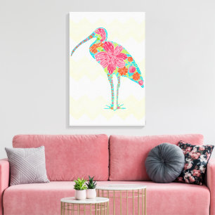 Floral Ibis Bird met gele Chevron Canvas Afdruk