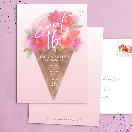 Floral Ice Cream Cone Sweet 16 Verjaardag uitnodig Kaart