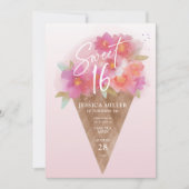 Floral Ice Cream Cone Sweet 16 Verjaardag uitnodig Kaart (Voorkant)
