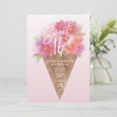 Floral Ice Cream Cone Sweet 16 Verjaardag uitnodig Kaart (Staand voorkant)