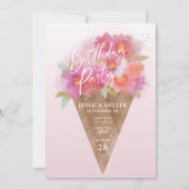 Floral Ice Cream Cone Verjaardagsfeestuitnodiging Kaart (Voorkant)