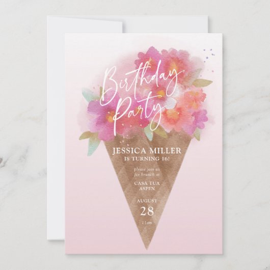 Floral Ice Cream Cone Verjaardagsfeestuitnodiging Kaart (Voorkant)