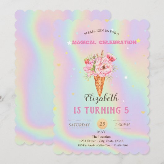 Floral Ice crème Holographic Birthday Kaart (Voorkant / Achterkant)