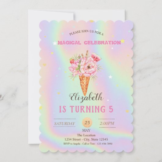 Floral Ice crème Holographic Birthday Kaart (Voorkant)