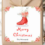 Floral Ice Schaats Red Merry Christmas Vierkante Sticker<br><div class="desc">Deze leuke en feestelijke sticker kan worden gepersonaliseerd met jouw naam,  relatie of titel. Het beschikt over een waterverf rode schaatsschoen en mooie bloemrijke rode poinsettia bloemen. De tekst combineert handgeschreven script en schreefloze lettertypen voor een stijlvolle en moderne look. Dit is perfect voor kerstcadeaus en feestgunsten.</div>