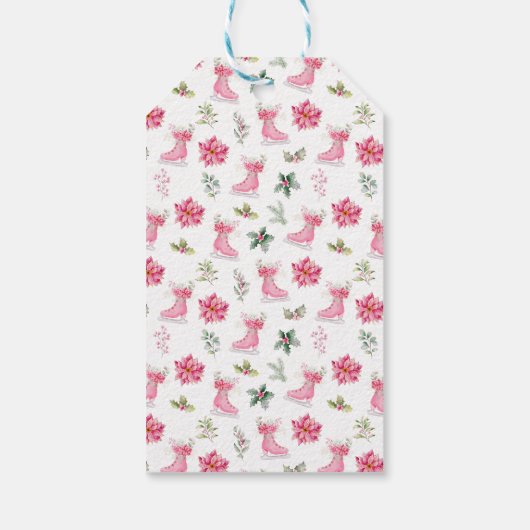 Floral Ice Skate Pink Merry Christmas Cadeaulabel (Achterkant)