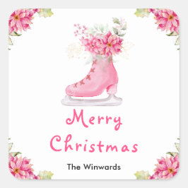 Floral Ice Skate Pink Merry Christmas Vierkante Sticker