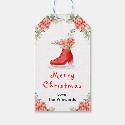 Floral Ice Skate Red Merry Christmas Cadeaulabel (Voorkant)