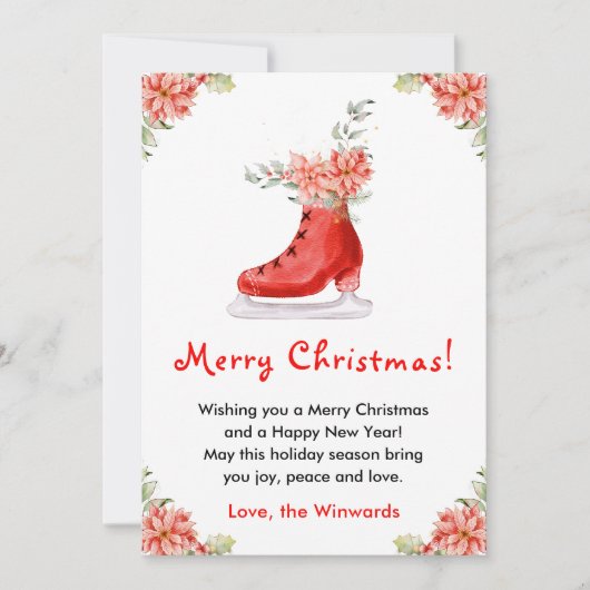 Floral Ice Skate Red Merry Christmas Feestdagenkaart (Voorkant)