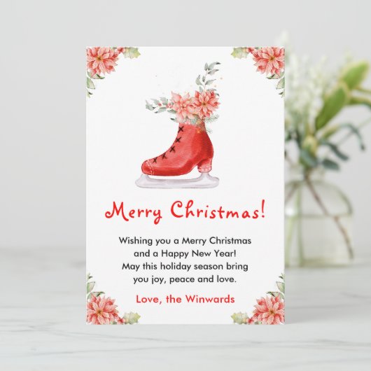 Floral Ice Skate Red Merry Christmas Feestdagenkaart (Staand voorkant)