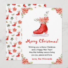 Floral Ice Skate Red Merry Christmas Feestdagenkaart