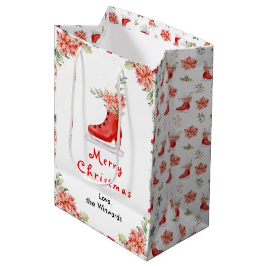 Floral Ice Skate Red Merry Christmas Medium Cadeauzakje (Voorkant Gekanteld)