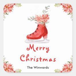 Floral Ice Skate Red Merry Christmas Vierkante Sticker