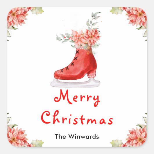 Floral Ice Skate Red Merry Christmas Vierkante Sticker (Voorkant)