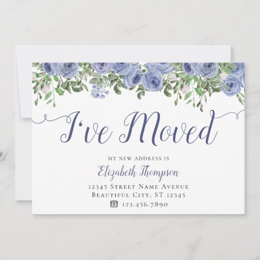 Floral ik heb een nieuw adres gemaakt, een blauwe  aankondiging (Voorkant)