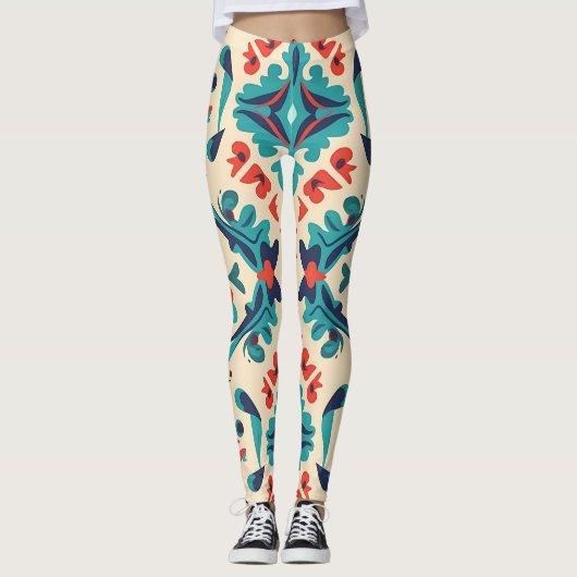 Floral Ikat Tegels Design Leggings (Voorkant)