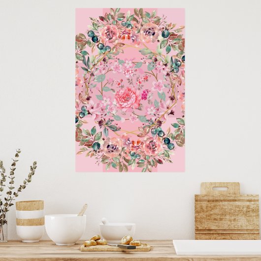 Floral Illustration, Pink Floral Wreath Poster (Keuken)