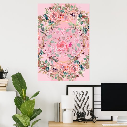 Floral Illustration, Pink Floral Wreath Poster (Thuiskantoor)