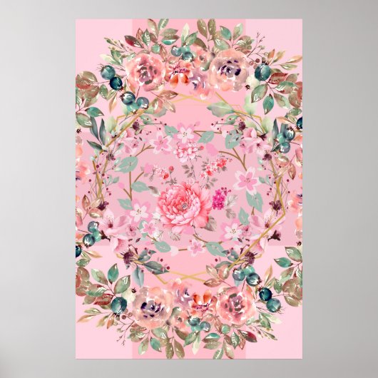 Floral Illustration, Pink Floral Wreath Poster (Voorkant)