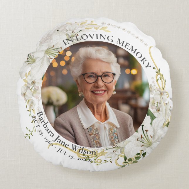 Floral In Loving Memory Memorial Funeral Keepsake Rond Kussen (Voorkant)