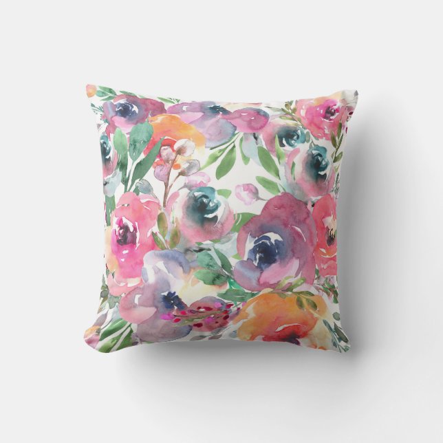 Floral Indigo Red Pink Sinaasappel Waterverf Buitenkussen (Voorkant)