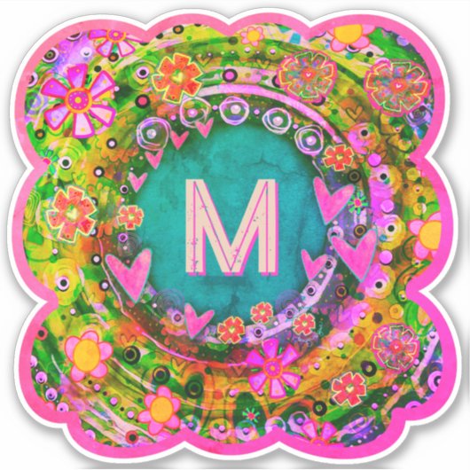 Floral Initiaal  Boho Pink Fun Inspirivity Sticker (Voorkant)