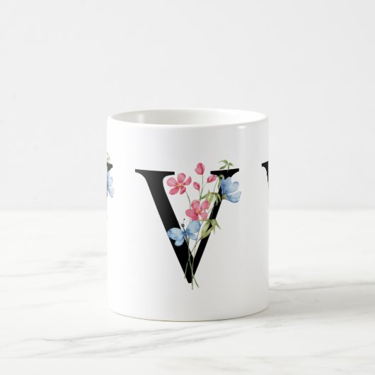 Floral Initiaal Monogram V Mok (Center)