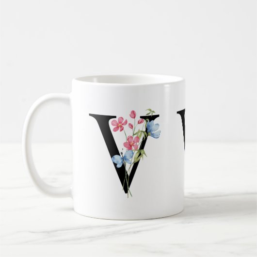 Floral Initiaal Monogram V Mok (Links)