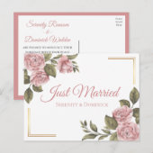 Floral is net getrouwd met roze pioen elegante bru aankondigingskaart (Voorkant / Achterkant)