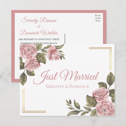 Floral is net getrouwd met roze pioen elegante bru aankondigingskaart (Voorkant / Achterkant)