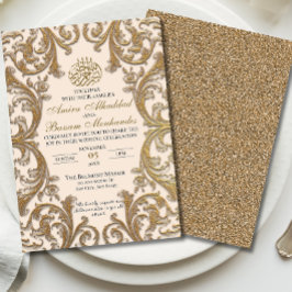  Floral Islamitisch Beige en gouden bruiloft Kaart