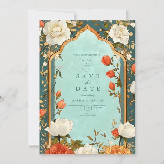 Floral islamitische bruiloft save the date (Voorkant)